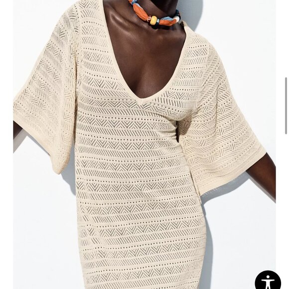 Zara  POINTELLE KNIT MAXI DRESS Beige Size Large - NWT - Picture 3 of 3